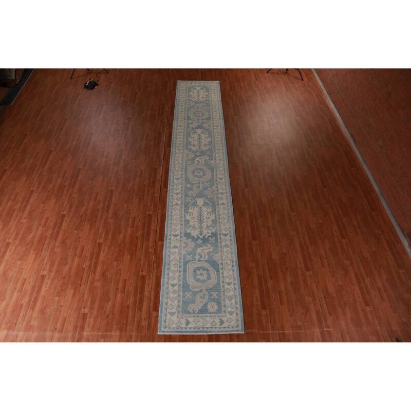 Hand Knotted Oriental 100% Wool Carpet Transitional Geometric Navy Blue & Blues Oushak Runner Rug - 18' 10'' X 3' 5''