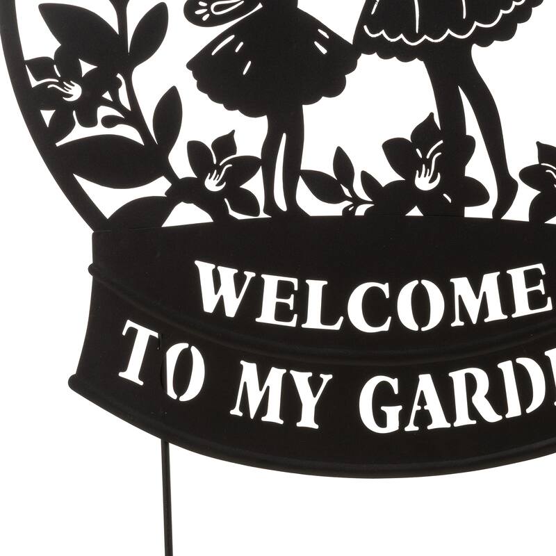 Glitzhome 30"H Multi-functional Metal Rabbit Flower Fairy Silhouette with Welcome Sign Garden Yardstake Wall Decor