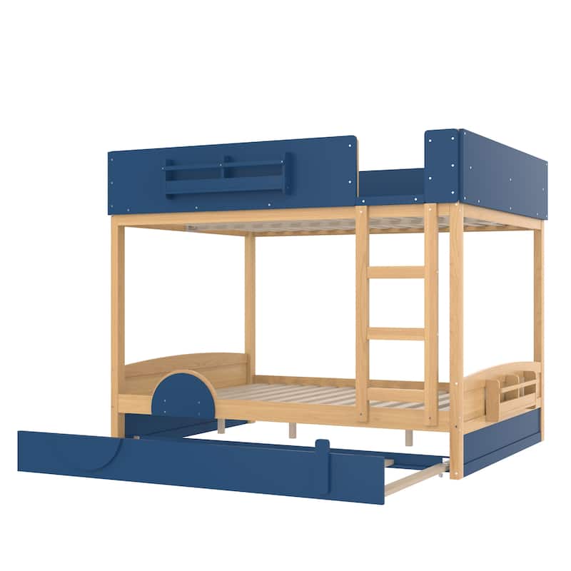 Queen/Full Bunk Bed with Trundle, Built-in Bookshelf & Safety Guardrail, Automobile Design