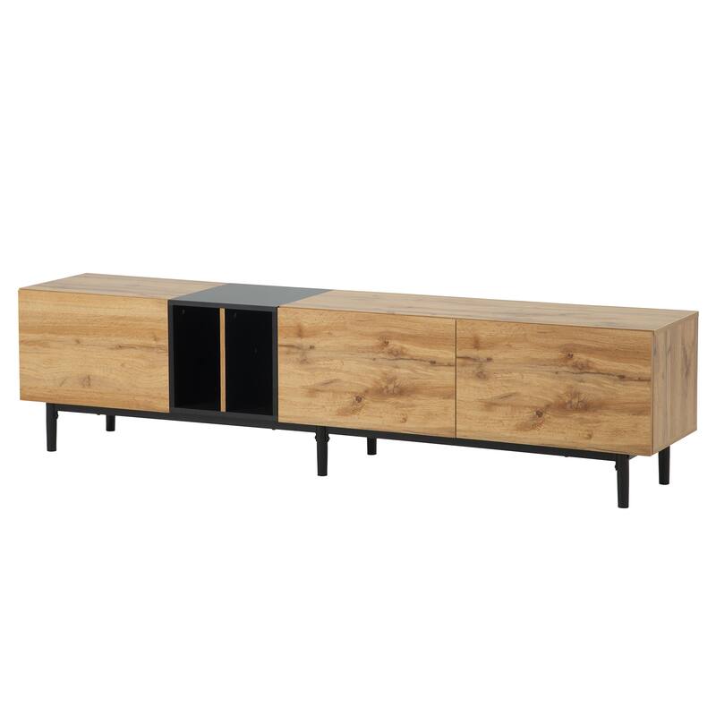 3 Doors Wood TV Stand for 80" TV, Rectangle Media Console Table with Open Storage, Entertainment Center with 3 Cabinet