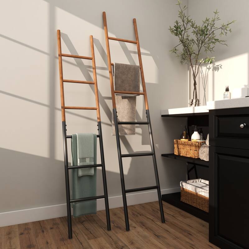Brown Wood Slim Two-Toned 12 Rug Ladder with Black Metal Bases (Set of 2)