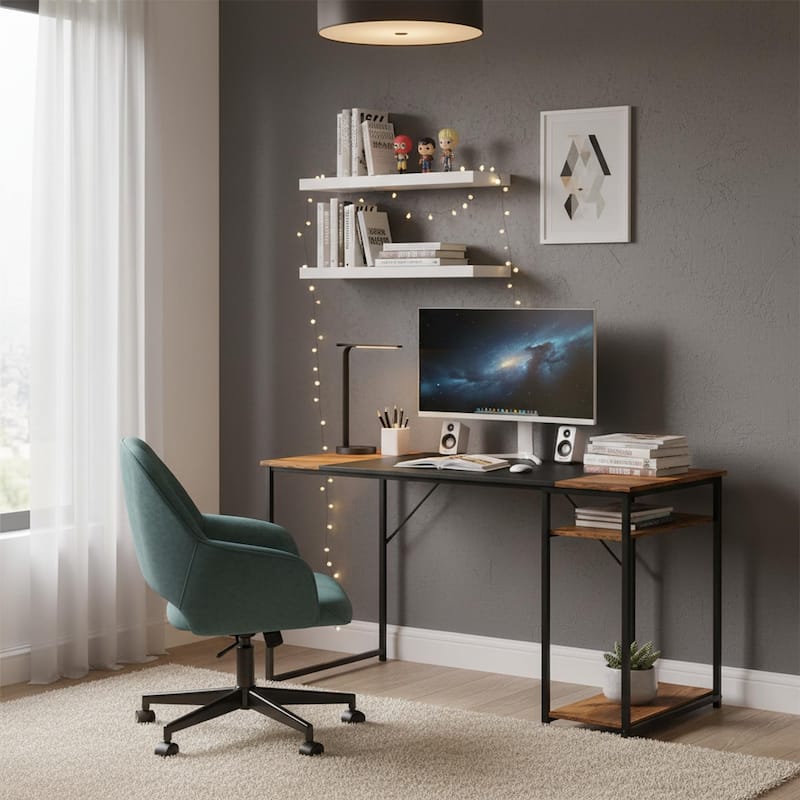 Homylin Industrial Writing Desk with Side Storage Shelves, Black Brown