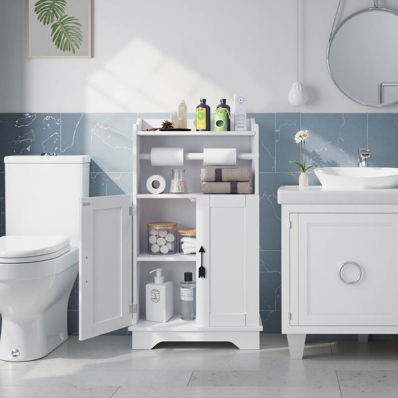 Javlego Bathroom Storage Cabinet, Wooden Floor Cabinet with 2 Doors and Toilet Roll Holder, Adjustable Shelf