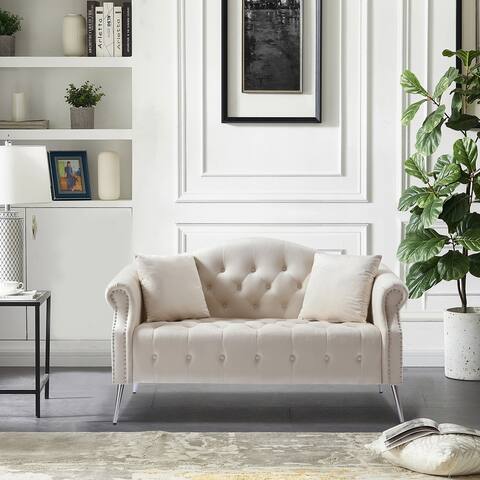 Upholstered Button Tufted Velvet Sofa with Curved Backrest Rolled Arms