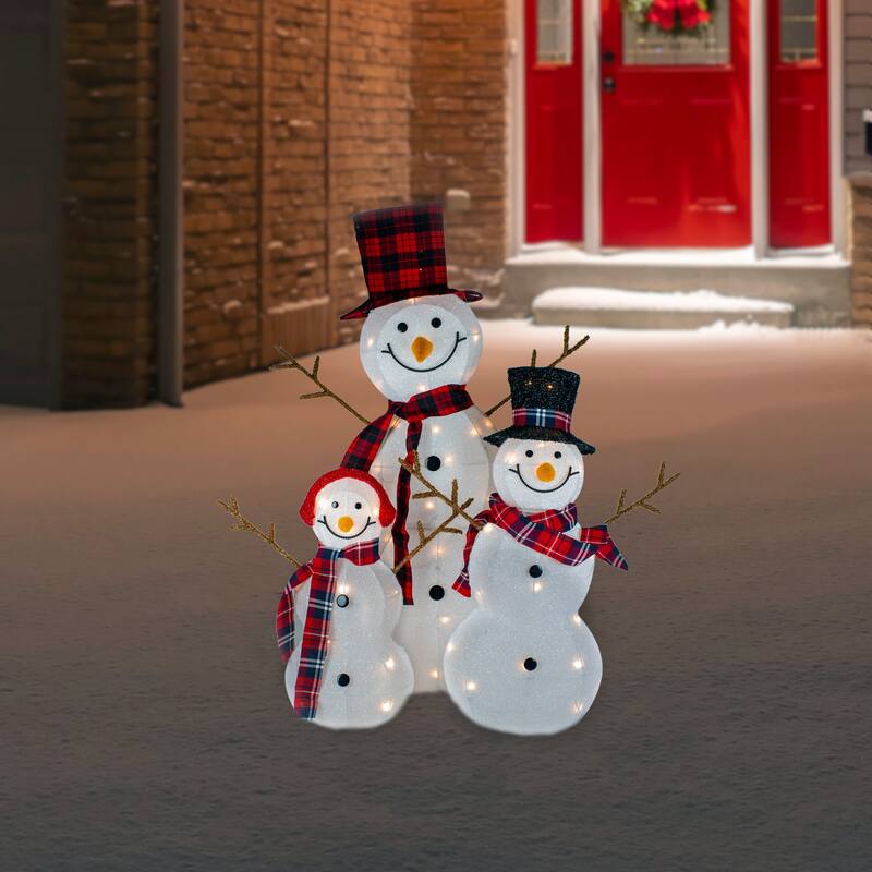 Lighted Tinsel Snowmen Family Christmas Outdoor Decorations - Clear Lights - Set of 3 - White
