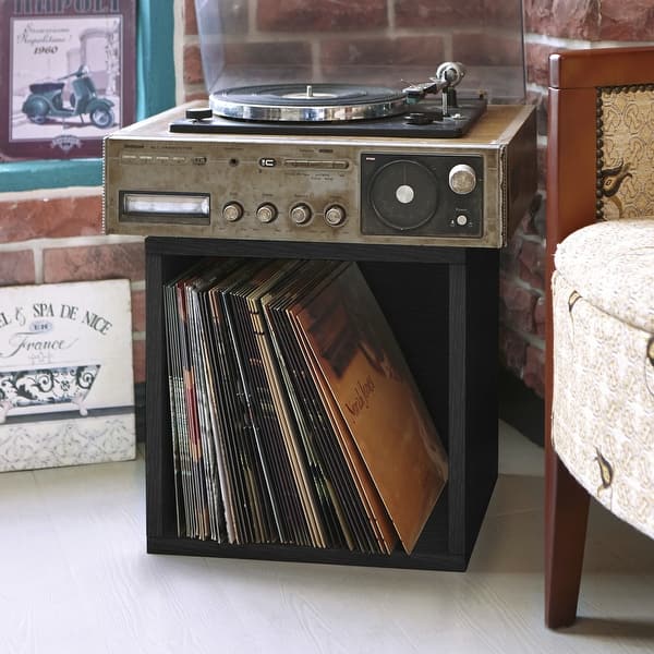 slide 12 of 13, Way Basics Vintage Vinyl Storage Blox Cube Turntable Stand Organizer Shelf - Fits 65-70 LP Records Black