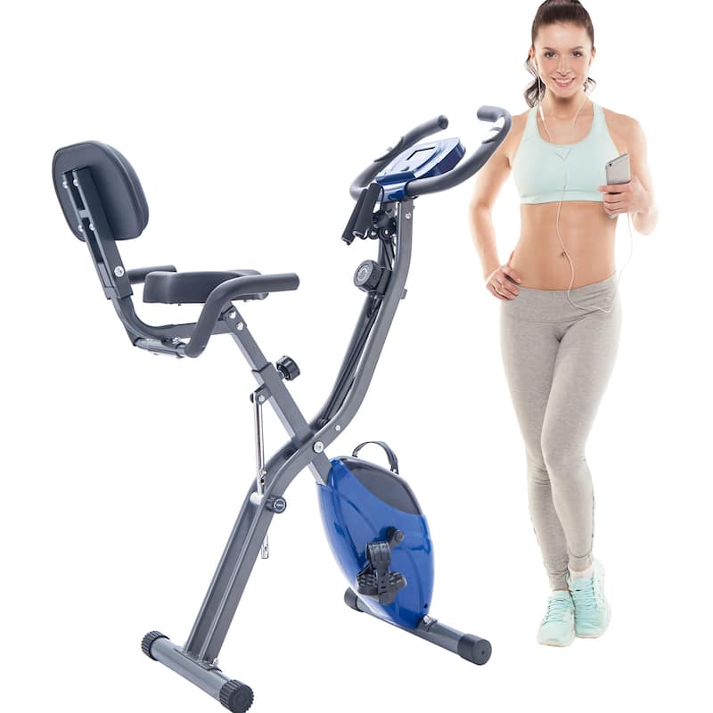 Folding Exercise Bike, Fitness Upright and Recumbent X-Bike with 16-Level Adjustable Resistance, Arm Bands and Backrest - Blue