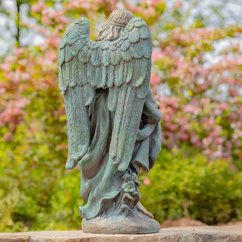 37" Tall Magnesium Angel Statue and Birdbath in Antique Bronze