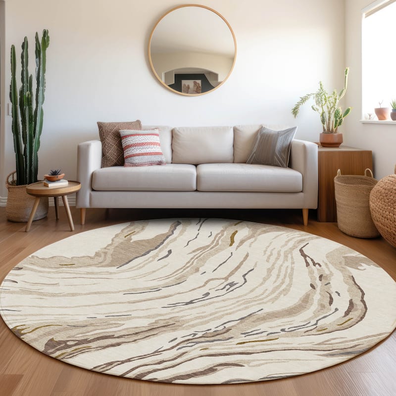 Machine Washable Indoor/ Outdoor Modern Wave Chantille Rug - Ivory - 8' x 8'