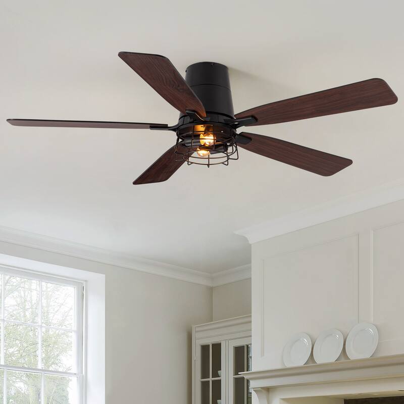 Modern Black Low Profile Small Caged Ceiling Fan with Light and Remote - 52''-2 Lights