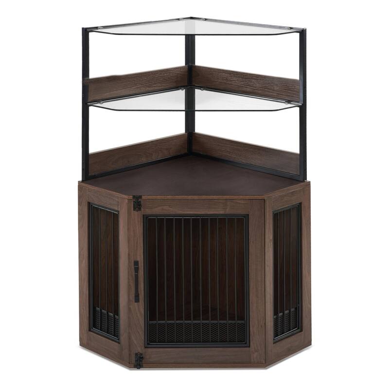 MCombo Corner Dog Crate Furniture with Glass Shelves, Wooden Dog Kennel Furniture with Door, Pet Crate Indoor Use, CN28 - Small