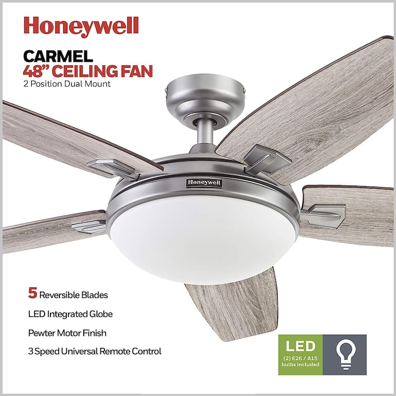 48" Honeywell Carmel Brushed Pewter Ceiling Fan with Integrated Light and Remote