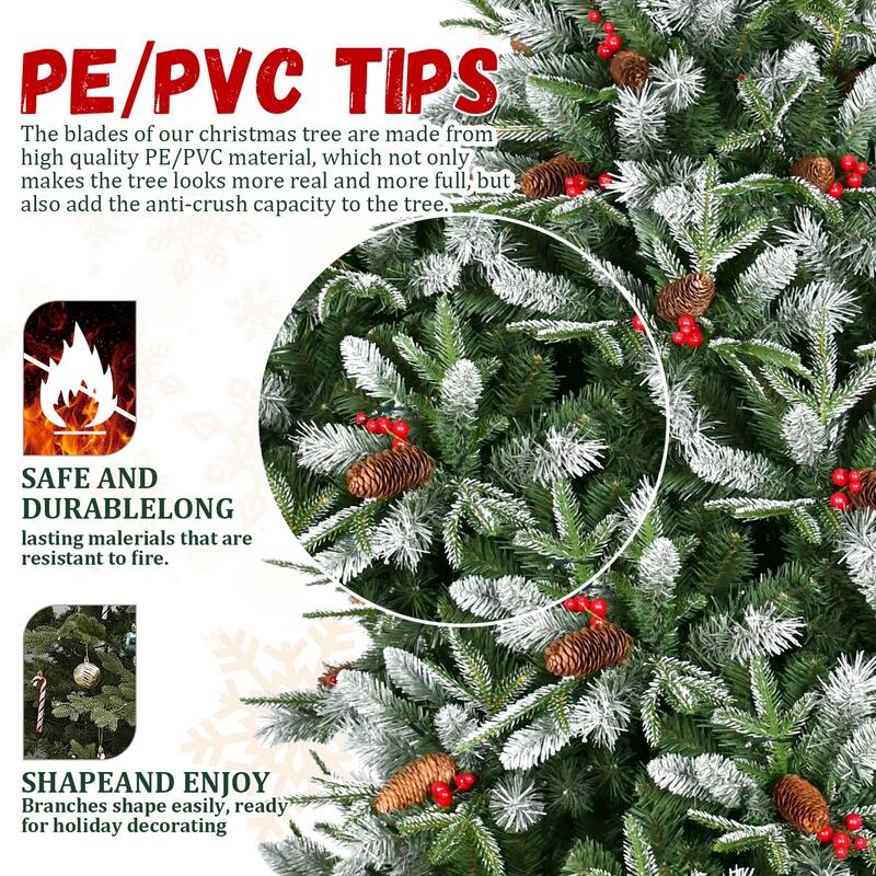 Artificial Christmas Tree - Snow-Dusted PE/PVC Branches, Red Berries, Pine Cones, Metal Stand - Green,White