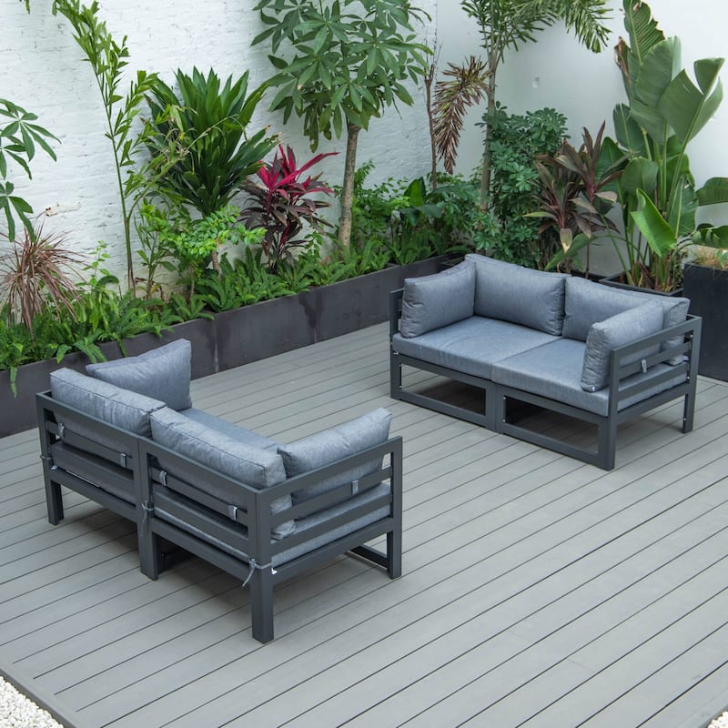 LeisureMod Chelsea 4-Piece Outdoor Patio Sectional Loveseat Set Black Aluminum with Cushions - Blue