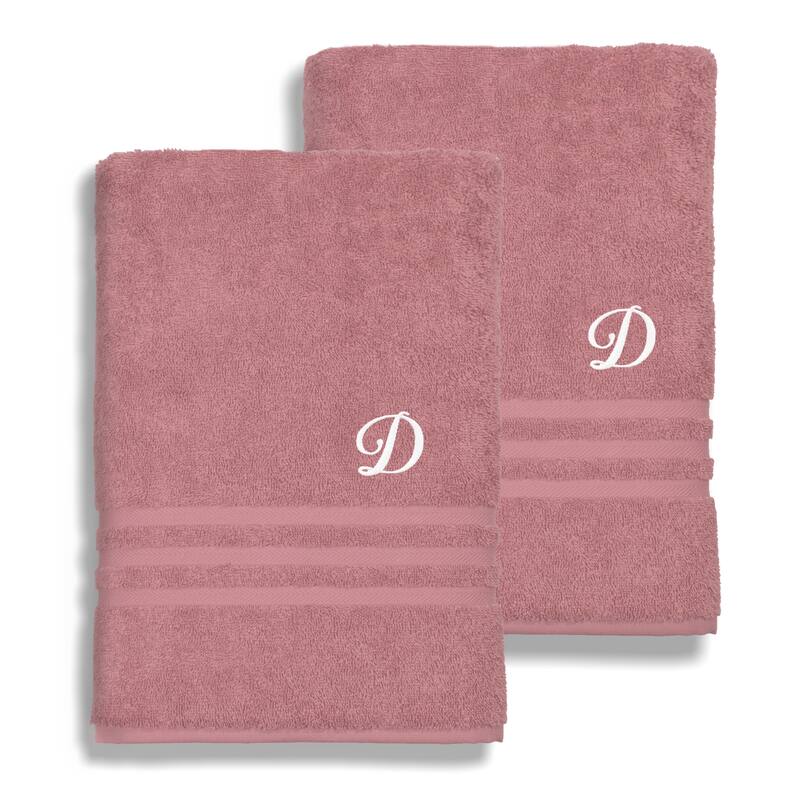 Authentic Hotel and Spa Omni Turkish Cotton Terry Set of 2 Tea Rose Bath Towels with White Script Monogrammed Initial - D