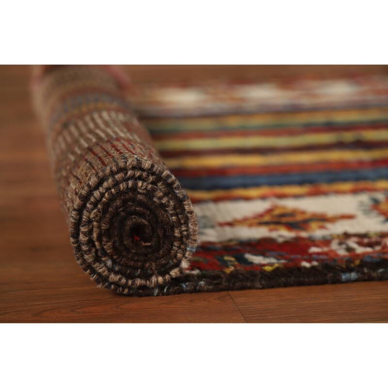 Hand Knotted Oriental 100% Wool Carpet Modern Geometric Multi-Colored Gabbeh Runner Rug - 11' 11'' X 3' 7''