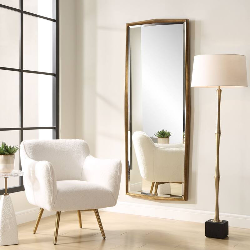 Faceted Profile Wood Framed Beveled Dressing Mirror - 76" - Antiqued Gold Finish