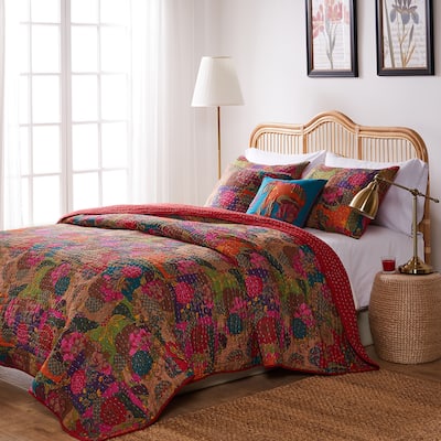 Greenland Home Fashions Jewel 100% Cotton Kantha-Style Floral Fusion Quilt Set with Decorative Pillows