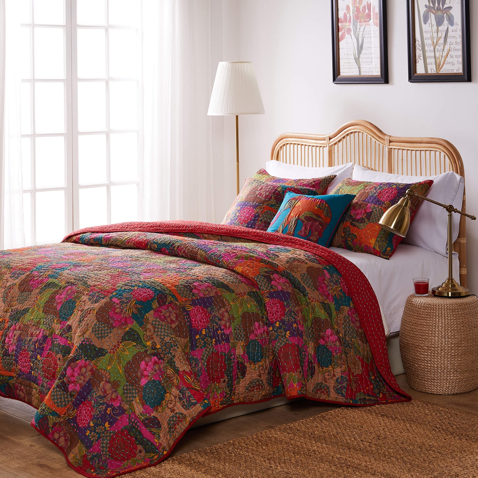 Greenland Home Fashions Jewel 100% Cotton Kantha-Style Floral Fusion Quilt Set with Decorative Pillows