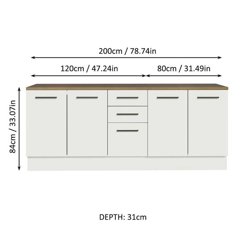 Madesa Compact Garage and Room Storage Set 78 Inch Base Cabinet with 3 Drawers and 4 Doors Utility Bench Unit - White