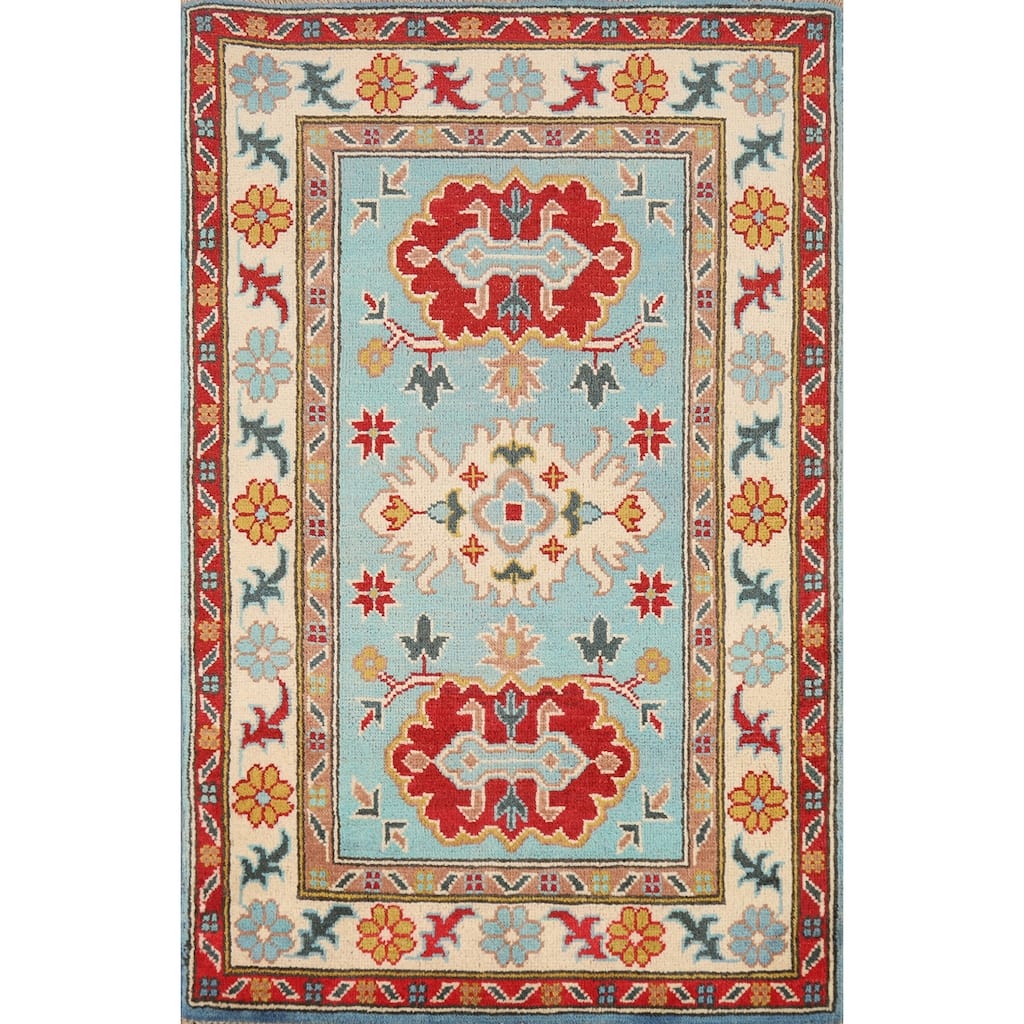 Aqua Blue Kazak Foyer Rug Handmade Wool Carpet - 2'7"x 4'3"
