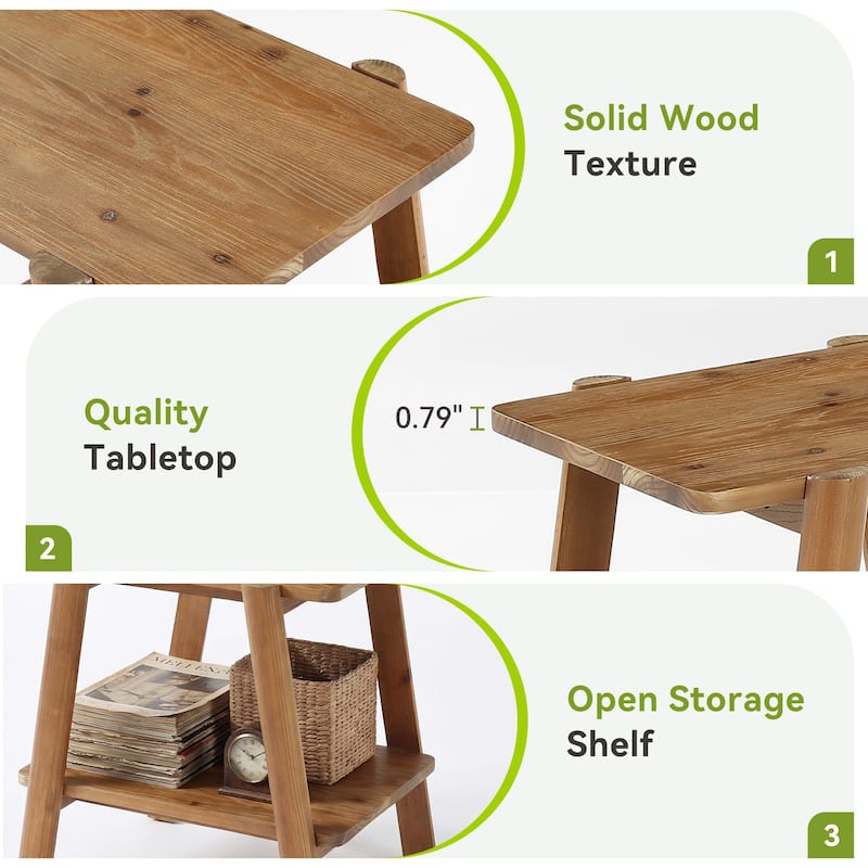 2 Tier Solid Wood Side Table, Farmhouse Table with Storage Shelves