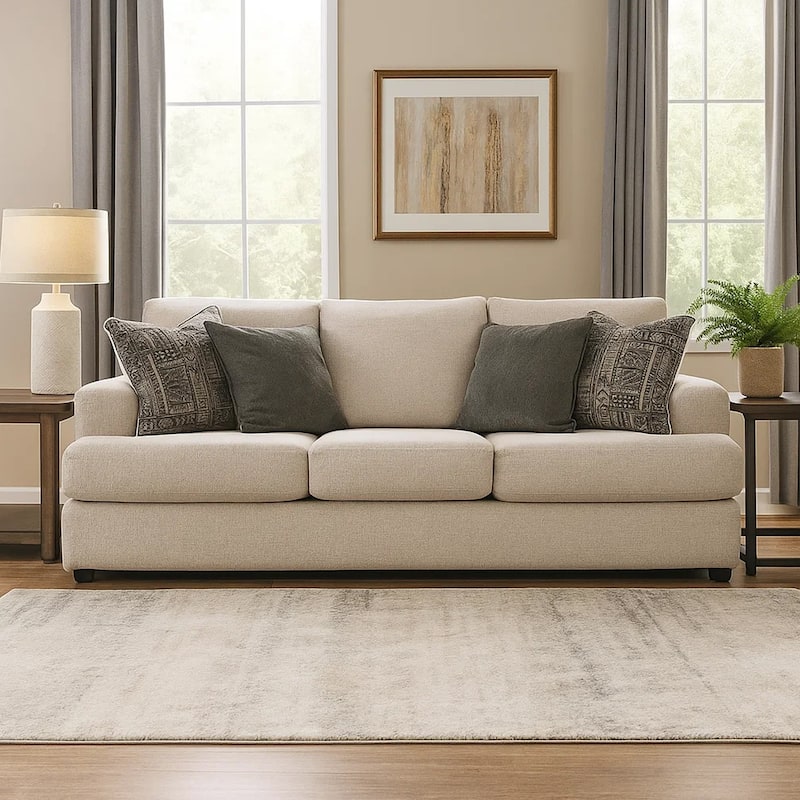 Tren 96 Inch Queen Sleeper Sofa, 4 Jacquard Pillows, Beige Polyester