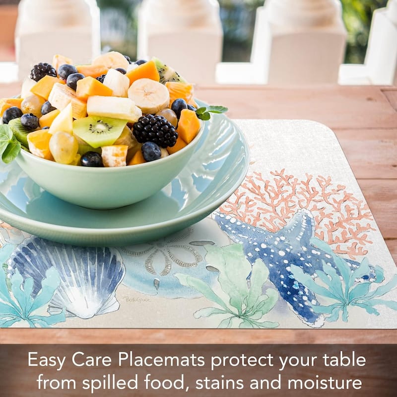 Seaside Reversible Easy Care Flexible Plastic Placemat 4 Pack Made in The USA BPA Free Easily Wipes Clean