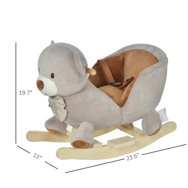 Qaba Kids Rocking Horse, Bear-Shaped Plush Toddler Ride on Horse with Sound, Wooden Base & Safety Belt for 18-36 Months, Gray