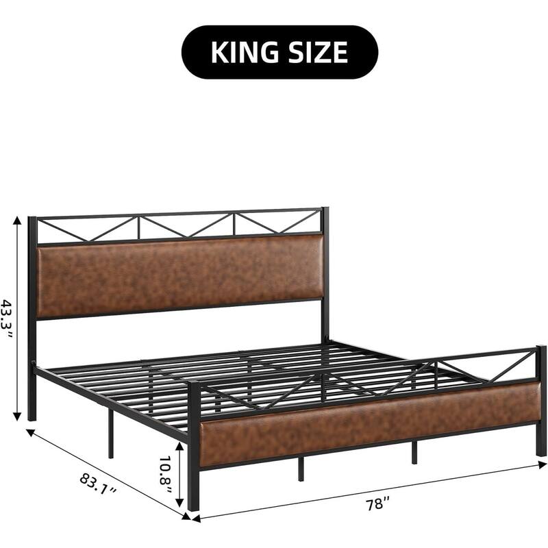 Metal Platform Bed Frame with PU Leather Headboard & Footboard