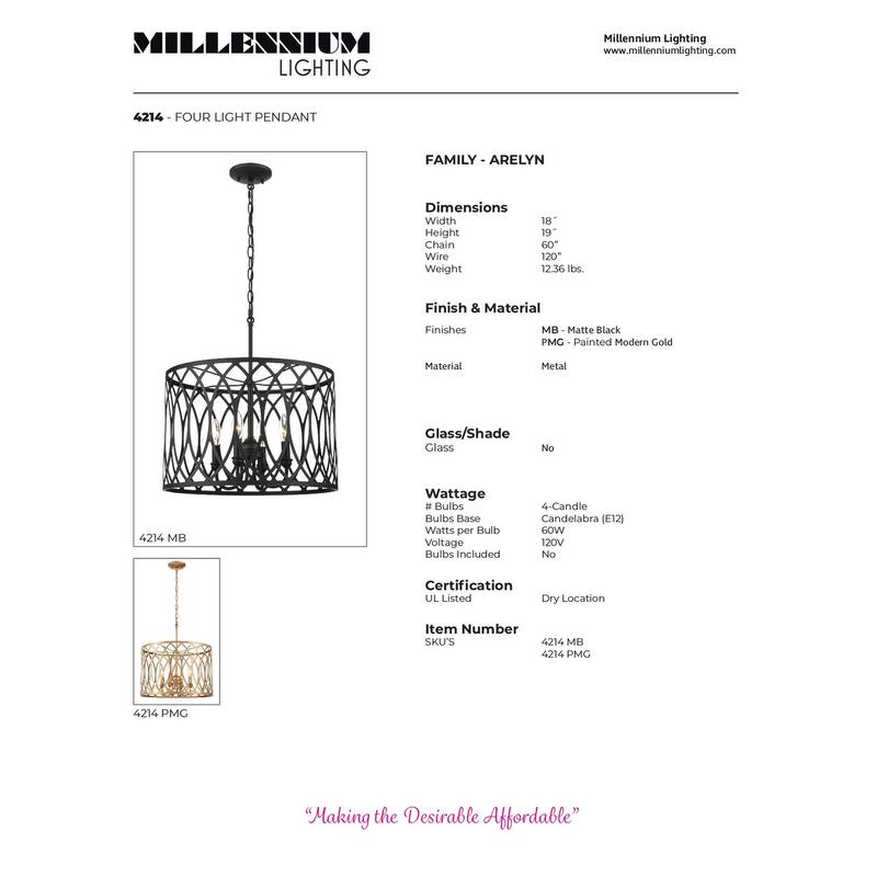 Millennium Lighting Arelyn 4 Light Pendant Fixture in Matte Black or Modern Gold