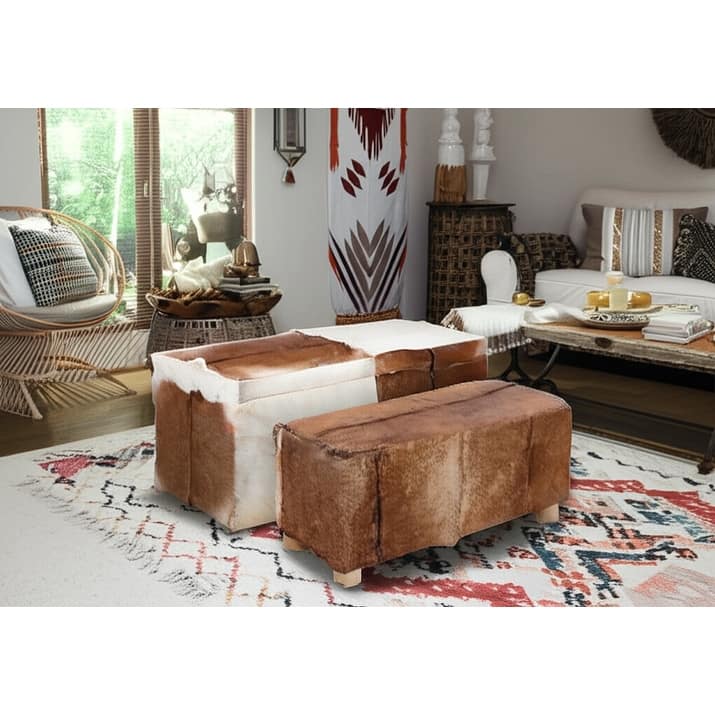 Leather Ottomans Footrests Finish Boho Style (Set of 2) - 21" Ivory
