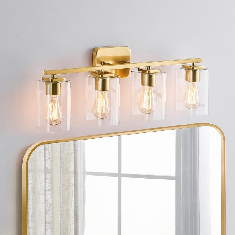 KAWOTI 4-Light Modern Bathroom Vanity Light with Clear Glass Shades - Antique Brass