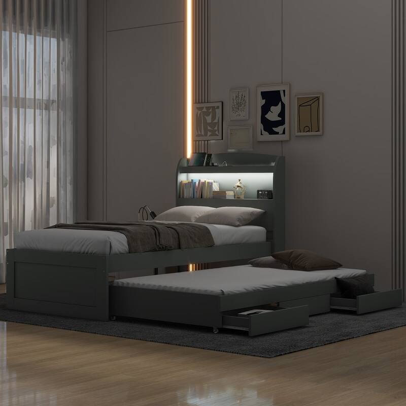 Twin XL Size Platform Bed w/Twin Size Trundle and 2 Drawers,LED Headboard,Charging Station