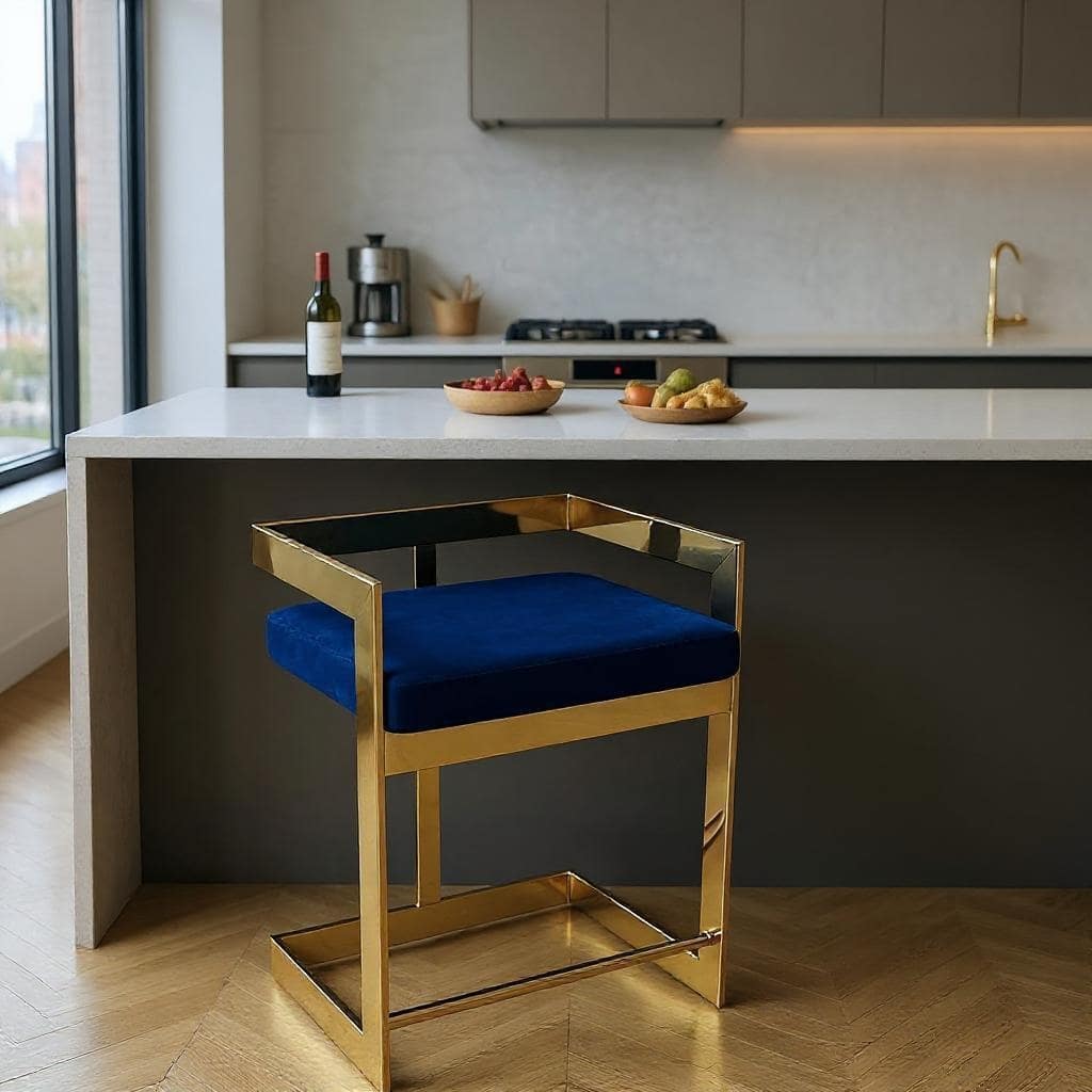 HomeRoots 30" Blue and Gold Metal and Velvet Low Back Bar Height Bar Chair