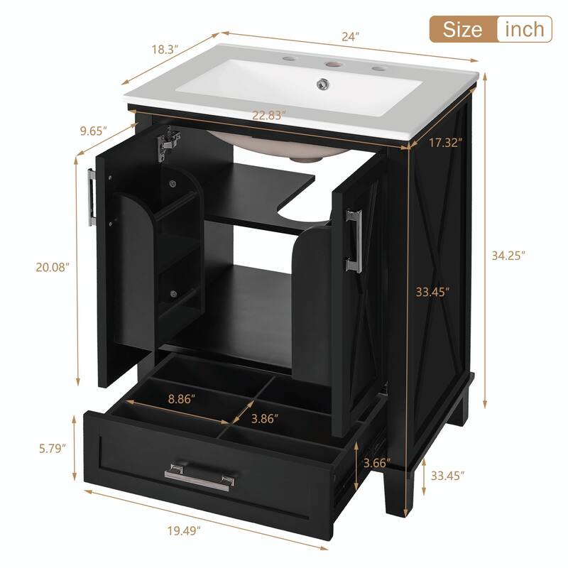 30" Bathroom Vanity - Solid Wood Frame, Single Sink, 2 Soft-Close Doors, Divided Drawer & Dual Storage Shelves