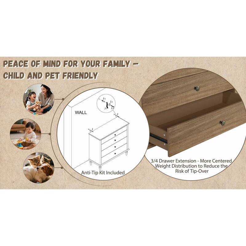 Large 4-Drawer Wood Dresser with Solid Wood Feet, Brown Finish & Metal Knobs, Antique Storage Chest