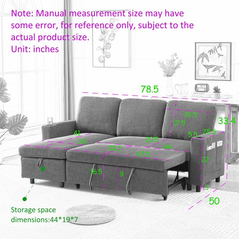 Modern Corduroy Reversible Sleeper Sofa Bed with Pullout Bed, L-Shaped Combo Sofa for Tight Spaces, Living Room, and Office