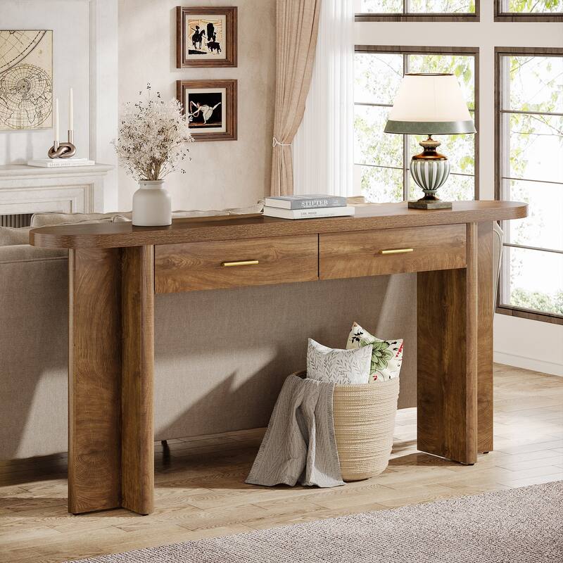 63-Inch Console Table with 2 Drawers, Farmhouse Curved Entryway Table