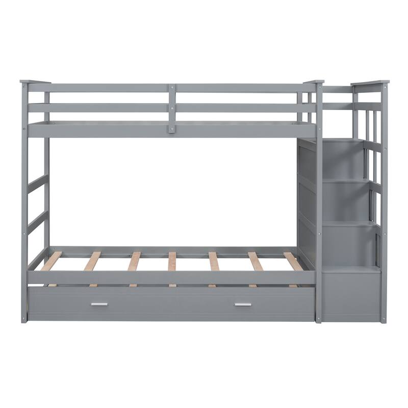 Twin Over Twin Bunk Bed with Trundle and Staircase, Gray
