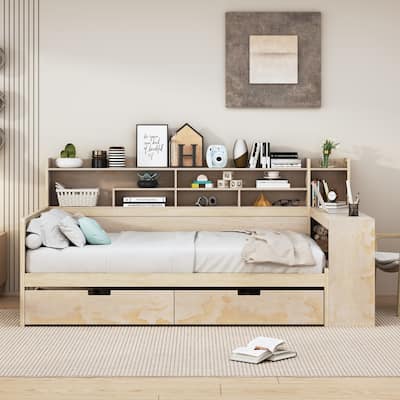 Wooden Daybed with Storage Shelves, Multi-functional Bed with Two Storage Drawers and Study Desk