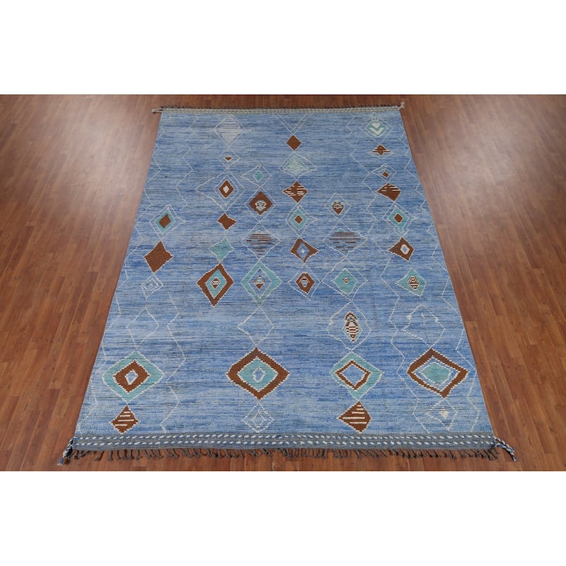 Blue Geometric Moroccan Area Rug Hand-Knotted Wool Carpet - 8'7"x 12'2"