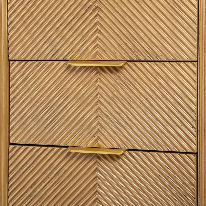 Mid-Century Fluted 3-Drawer Nightstand with Curved Design and Gold Handles