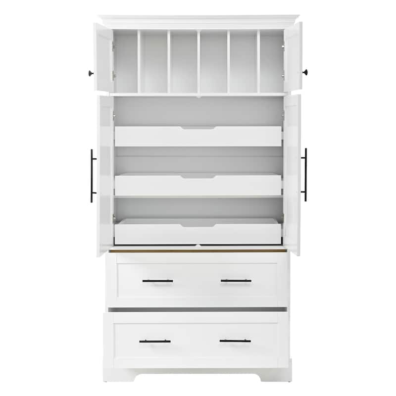 Farmhouse Kitchen Pantry, 40"W - 4-Door Freestanding Cabinet with Pull-Out Trays, Drawers & Pan Storag