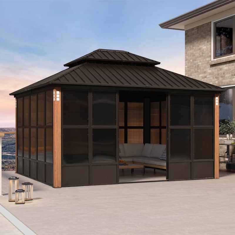 PURPLE LEAF Double Top Outdoor Sunroom All-Weather Screen House Patio Hardtop Gazebo - 12' x 14' - Bronze