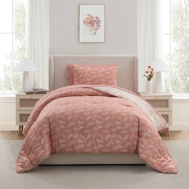 Empyrean 7 Pc Botanical Comforter Set with Sheets, Soft Breathable Lightweight Bedding Bag - Bali Blush/Porcelain Glow - Twin XL
