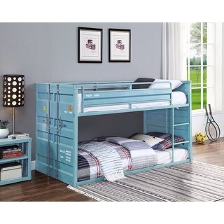 Blue Twin over Twin Metal Bunk Bed with Ladder and Fence for Kids