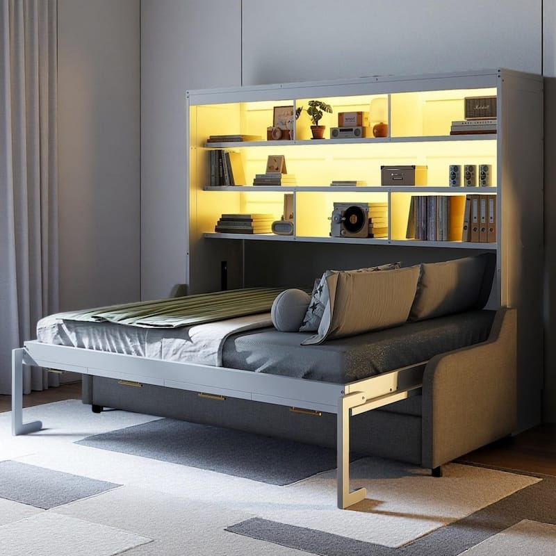Murphy Cabinet Bed with Folding Sofa and Built-In Storage Shelves & LED Lights by Harper&Bright Designs - Full