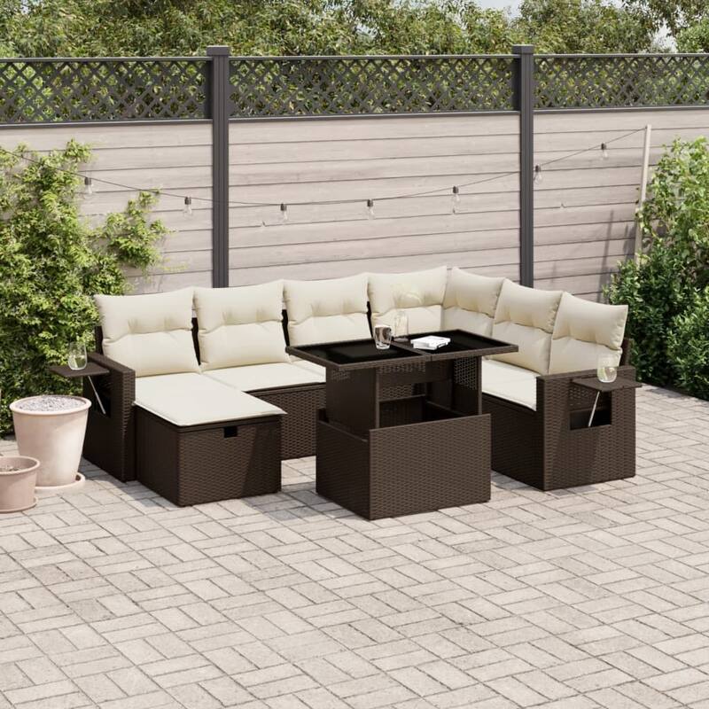 vidaXL Patio Sofa Set with Cushions Outdoor Furniture 8 Piece Poly Rattan - 21.7 x 39.4 x 28.7 in - Brown and cream