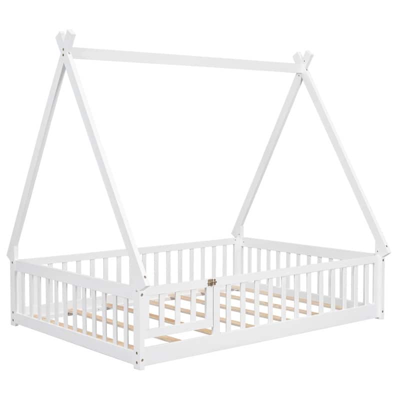 Tent-shaped Full Size Floor Bed with Guardrails, Slats, Door, for Kids